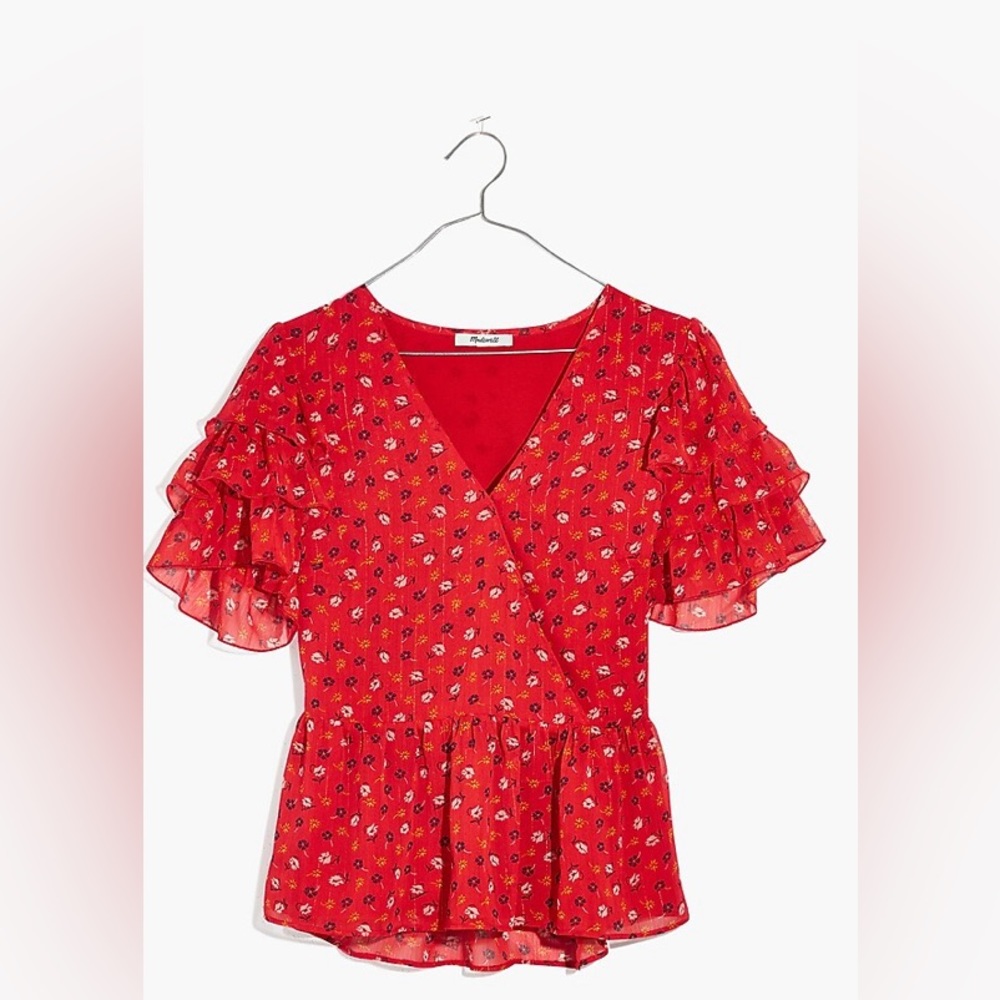 Madewell Tiered-Sleeve Peplum Top in Metallic Prairie Posies